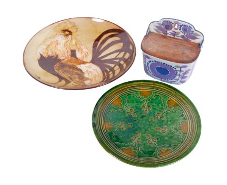 Copenhagen porcelain wall-mounted salt pot with wooden lid, Chelsea pottery cockerel design bowl, and a wall plaque, signed T