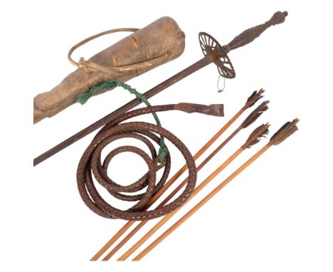 A group of various items, including 4 steel-tipped arrows, 2 barbed, a leather whip, an Antique sword and a 19th century pig-