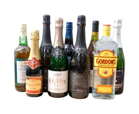 A collection of various wines and spirits, including Jacobs Creek Chardonnay, 2 bottles of Cole de L'Utia, Prosecco, Gordons 