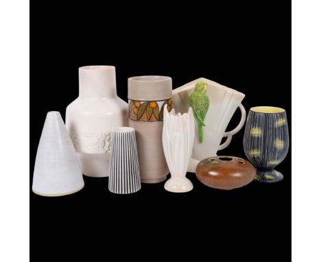 Poole Pottery vase with fruit frieze, 22.5cm, Falcon Ware vase with budgie, and other vases