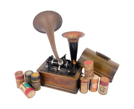 Edison Standard Phonograph, circa 1903, oak-cased with 2 horns and a large box of spare cylinders, phonograph width 31cm