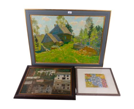 A framed Russian School acrylic on canvas, farmyard scene, signed rear, an indistinctly signed acrylic on board, riverside to