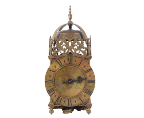 An Antique brass lantern clock, probably 19th century, with brass chain driven movement striking on a bell, H36cm, dial diame
