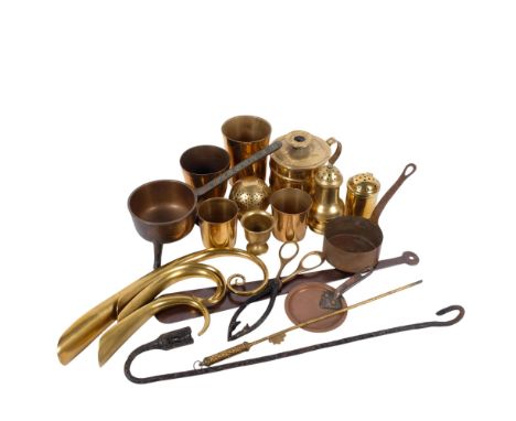 A group of various brass and copperware, including an 18th century brass soap dish with pierced lid, desk sanders, an Antique