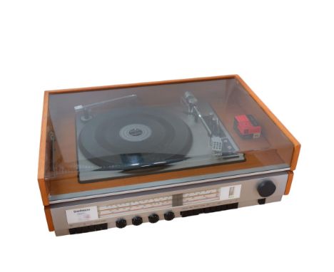 A Goodmans Model 110 compact stereo radio record player, an integrated Lenco GL 85 turntable, teak-cased, good working order