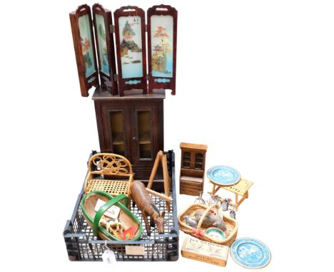 A collection of various items, including carved wood animals, table-top jewellery cabinet, a Chinese table-top screen, miniat