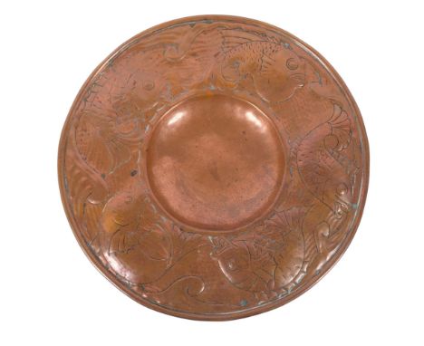 Newlyn School, Arts and Crafts copper dish, with relief embossed fish border, diameter 29cmGood condition, no splits, decorat