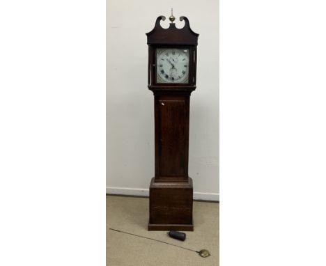A 19th Century oak cased long case clock, the thirty hour movement with square painted dial and Roman and Arabic numerals to 