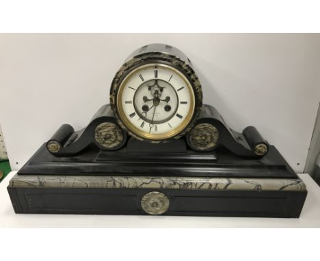 A circa 1900 French marble cased mantel clock, the eight day movement by Henri Marc of Paris with visible escapement and Roma