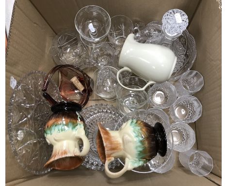 A box containing assorted glassware to include decanter, various drinking glasses, etc. together with three various china jug