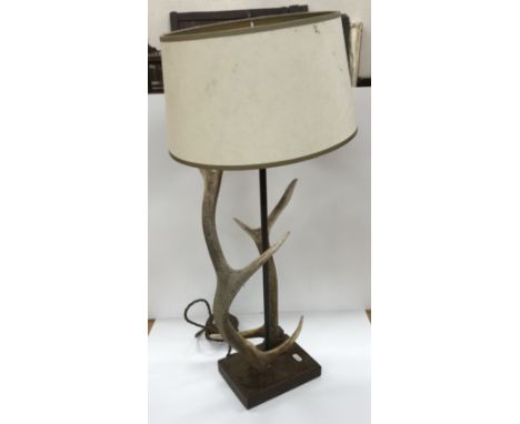 An antler decorated table lamp and shade approx 73 cm high and a mounted Deer skull and 8 point antlers on oak shield mount, 