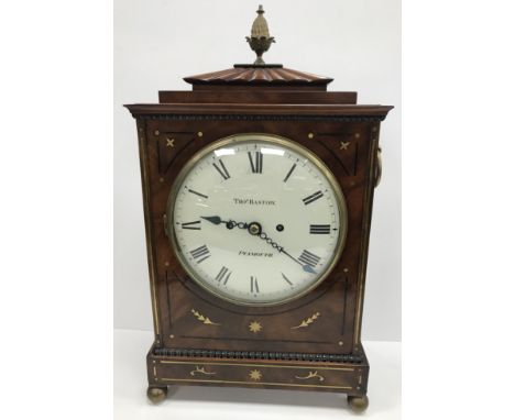 A 19th Century mahogany and brass inlaid mantel clock, the eight day movement with circular painted dial by Thomas Bastow of 