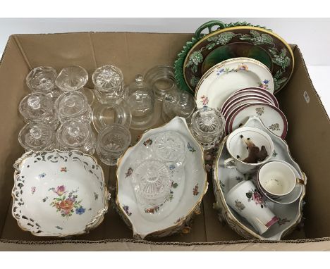 Three boxes of assorted decorative china and glassware, etc. to include three Potschappel Dresden floral encrusted bowls, a b