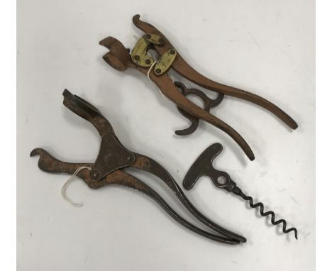 A Lund lever corkscrew, circa 1880, with side badges and tee corkscrew and a Wolverson tangent lever corkscrew (2)