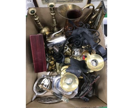 A box containing assorted brass and plated wares to include a pair of ejector candlesticks and a further pair of brass candle