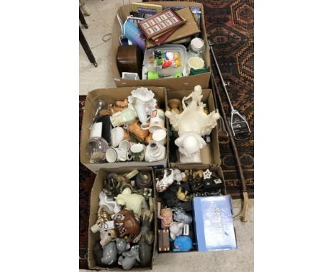 Five boxes of assorted sundry items to include elephant ornaments, mugs, mantel clock, two shooting sticks and a thumb stick,