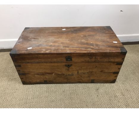 A 19th Century teak brass bound trunk of small proportions 70 cm x 35 cm x 30 cm high together with a 19th Century oak box wi