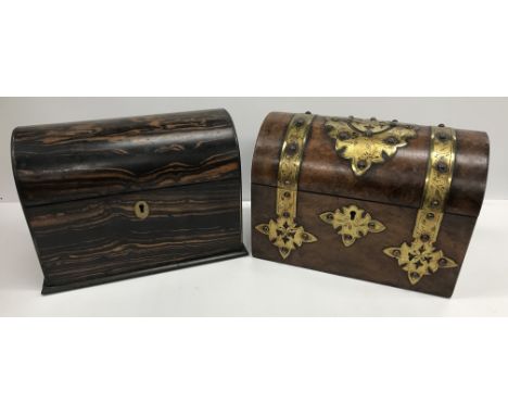A Victorian coromandel dome topped stationery box, the top opening to reveal a fitted interior and brass label inscibed "Leuc