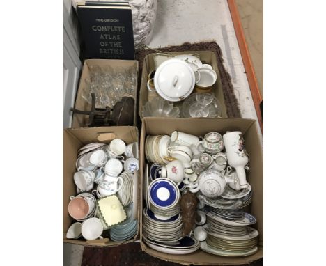 Four boxes of sundry china and glassware to include various "Indian Tree" pattern china wares, Royal Worcester "Mayfield" par