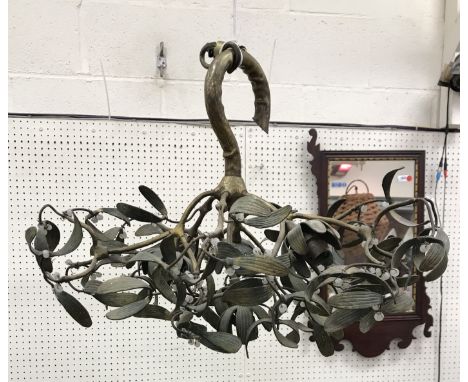 A brass ball of mistletoe four branch hanging light in the Art Nouveau taste, set with glass beads, on large hanging hook, 40