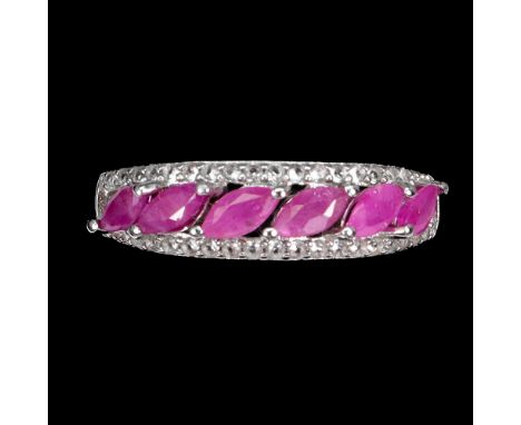 A matching 925 silver ring set with marquise cut rubies and white stones, ring size O.