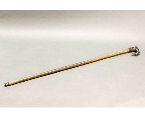 A bronze dog and bird handled walking stick, L. 86cm.