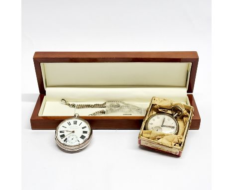 A large hallmarked silver English Lever pocket watch and chain together with a further pocket watch.