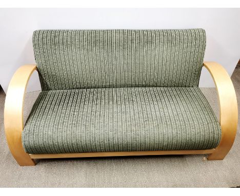An Art Deco style green striped settee/ sofa with light beech bentwood frame, L. 163cm H. 75cm D. 88cm. Slight repair to upho