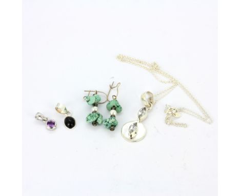 A 925 silver quartz set pendant and chain together with two silver and gemstone pendants and a pair of white metal pearl and 