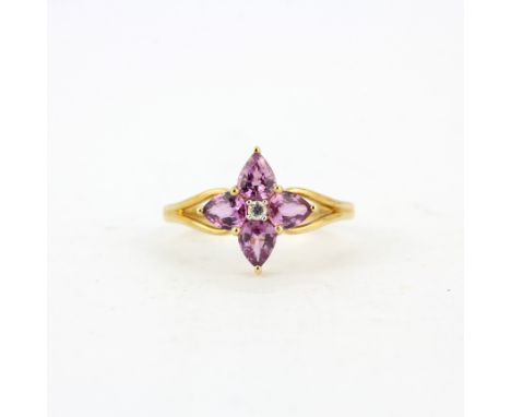 A 9ct yellow gold amethyst and diamond set ring, (O).