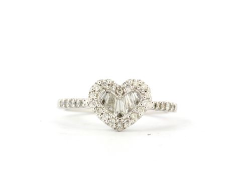 A 9ct white heart shaped gold ring set with brilliant and baguette cut diamonds, with diamond set shoulders, overall 0.50ct, 