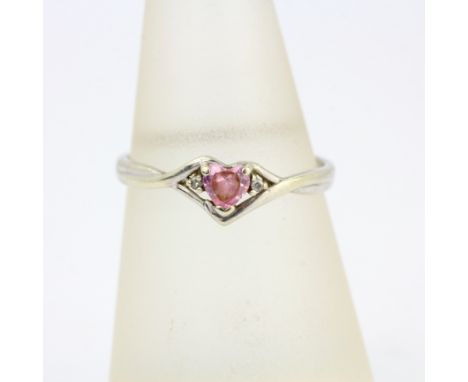 A 9ct white gold pink stone and diamond set ring, (O).