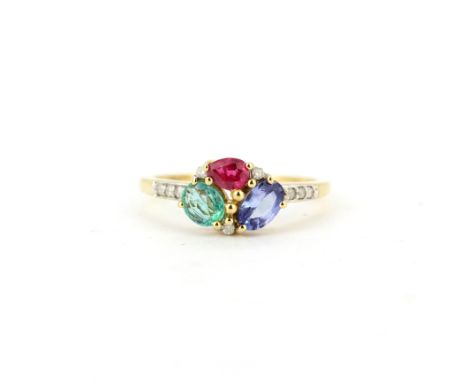 A 9ct yellow gold ring set with an oval cut ruby, sapphire and emerald and diamond set shoulders, (O).