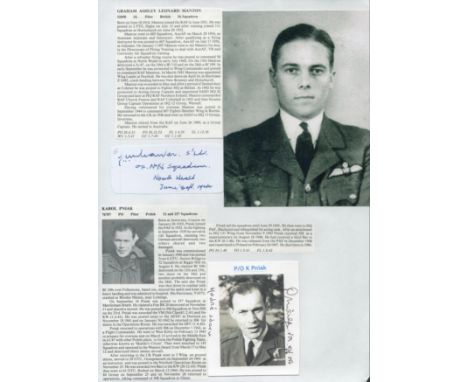 WW2 BOB fighter pilots Karol Pniak 32 sqn, Graham Manton 56 sqn signature piece with biography details fixed to A4 page. Sing