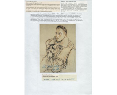 WW2 BOB fighter pilot Ronald Dalton 604 sqn signed portrait print with biography details fixed to A4 page. Single vendor Batt