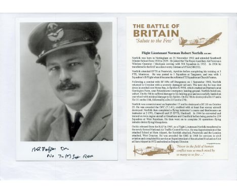 WW2 BOB fighter pilot Norman Norfolk 74 sqn signed 7 x 5 b/w portrait photo with biography details fixed to A4 page. Single v