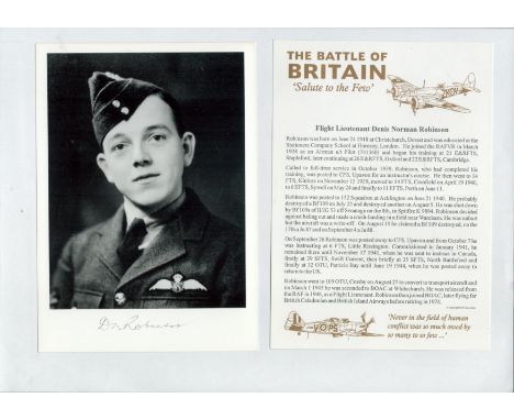 WW2 BOB fighter pilot Denis Robinson 152 sqn signed 7 x 5 inch b/w portrait photo in uniform with biography details fixed to 