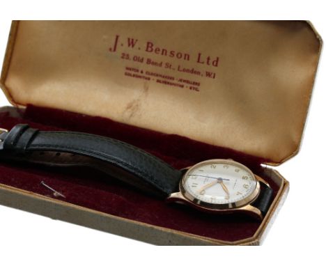 Cyma for J.W. Benson 9ct mid-size gentleman's wristwatch, Birmingham 1955, circular silvered dial signed J.W. Benson, London 