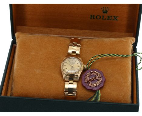 Rolex Oyster Perpetual 18k lady's bracelet watch, ref 6619, circa 1968, serial no. 2071xxx, milled bezel, champagne dial with