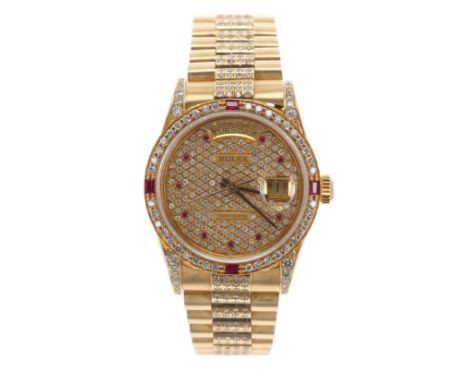 Rolex Oyster Perpetual 18ct Day-Date ruby and diamond set gentleman's bracelet watch, ref. 18038, circa 1987, R60xxx, with af