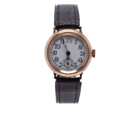 Borgel cased wire-lug 9ct gentleman's wristwatch, Birmingham 1929, circular enamel dial with Arabic numerals, red twelve, out