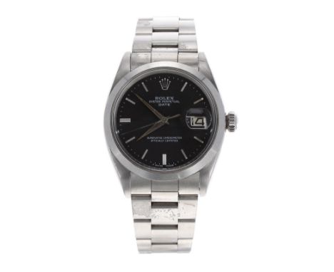 Rolex Oyster Perpetual Date stainless steel gentleman's bracelet watch, ref. 1500, circa 1962, serial no. 758xxx, black dial 