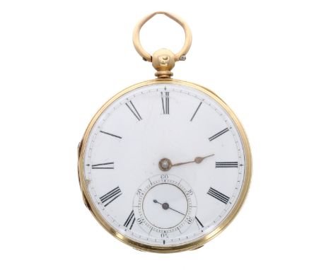 English 18ct fusee lever pocket watch, London 1863, unsigned gilt three-quarter plate movement, no. 2232, with gilt three arm