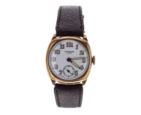 J.W. Benson 9ct cushion cased gentleman's wristwatch, Birmingham 1920, circular enamel dial with luminous Arabic numerals, ou