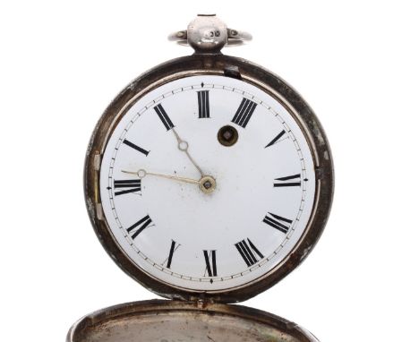 Silver fusee verge hunter pocket watch, London, unsigned movement with pierced engraved balance cock, flat steel three arm ba