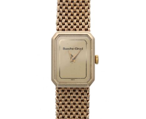 Bueche-Girod rectangular 9ct lady's bracelet watch, London 1983, rectangular champagne dial, integral 9ct mesh bracelet, quar