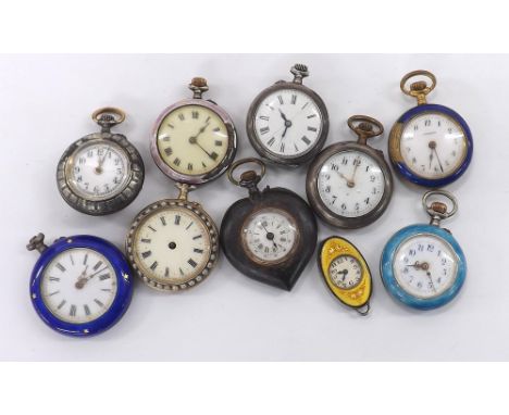 Six enamel fob watches; together with a heart shaped gunmetal fob watch, silver enamel pendant watch and two further fob watc