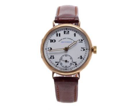 West End Watch Co 'Secundus' 18ct wire-lug gentleman's wristwatch, import hallmarks London 1926, circular enamel dial with Ar