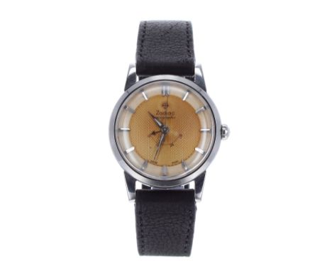 Zodiac Autographic stainless steel gentleman's wristwatch, ref. 688, circa 1950s, engine turned gilded dial with silvered cha