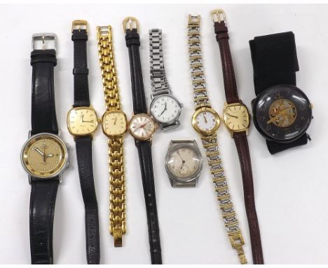 Zenith 18ct rectangular lady's wristwatch, rectangular champagne dial, modern brown leather strap, 20mm; together with a Long